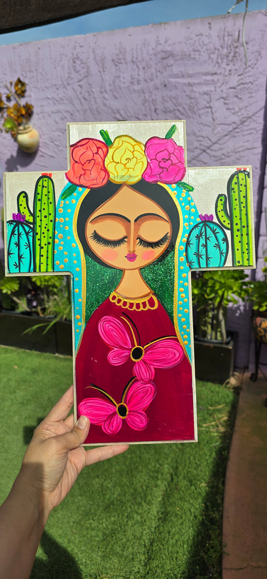 Cross Hand painted Virgen