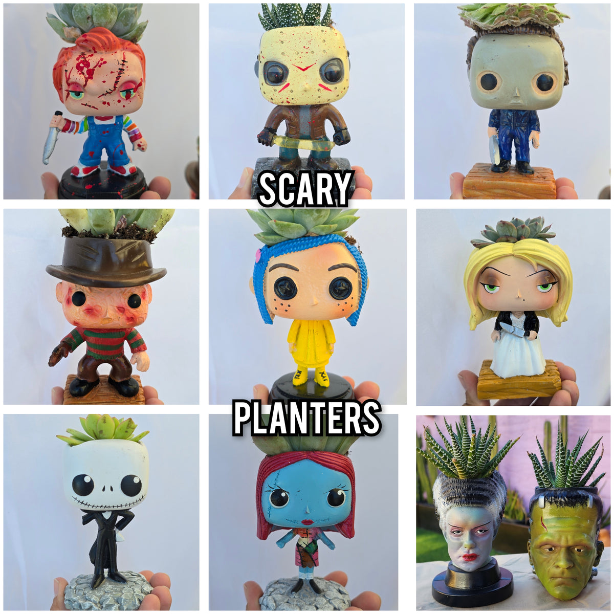 Scary Planters! Jason Chucky Tiffany Coraline Jason Michael Jack Sally  Frankenstein Elizabeth -Funko style DIY PLANTER